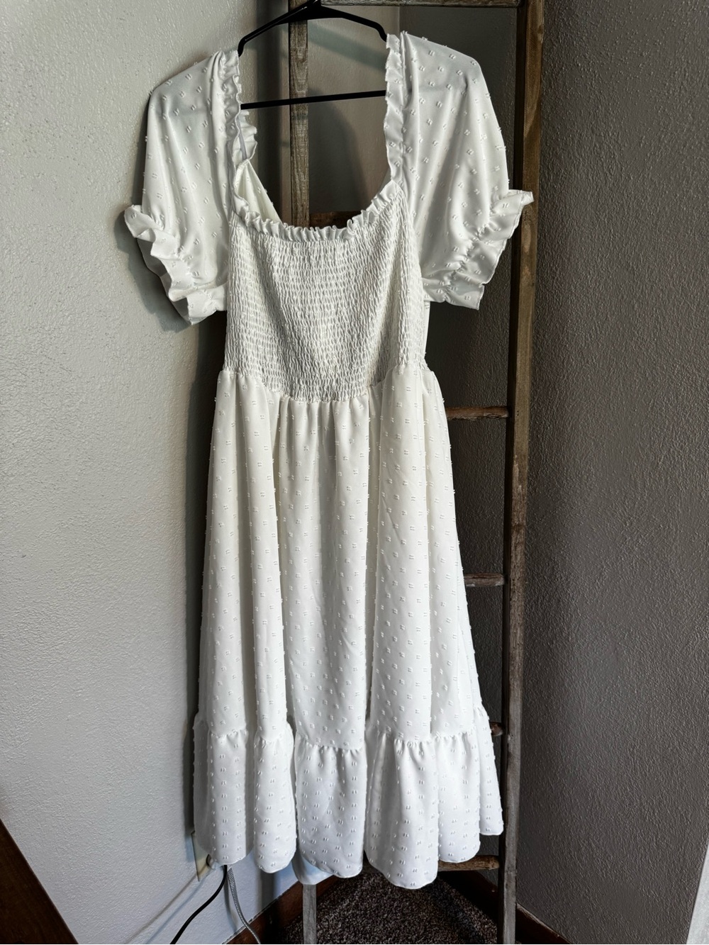 SHEIN White Swiss Dot Puff Sleeve Midi Dress